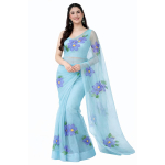 Women's Floral Designer Hand Brush Painted Zari Organza Saree with Unstitched Blouse Piece