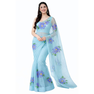 Women's Floral Designer Hand Brush Painted Zari Organza Saree with Unstitched Blouse Piece