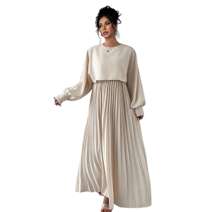 Women’s Solid Pleated Maxi Dress || Modest Long Sleeve Loose Fit Flowy Gown for Casual
