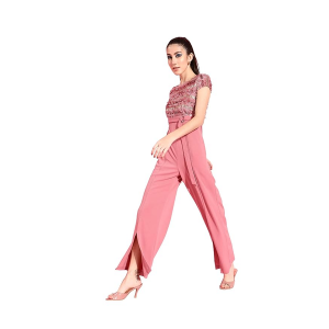 Women's Round Neck Short Sleeve Embellished Front Slit Fringed Regular Jumpsuit with Pockets