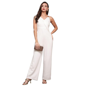 Women's Halter Neck Sleeveless Solid Wide Leg Sequin Paneled Regular Length Jumpsuit