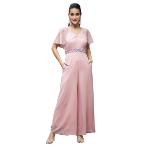 Women's Georgette V-Neck Cape Solid Layered Regular Jumpsuit