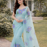Women's Floral Designer Hand Brush Painted Zari Organza Saree with Unstitched Blouse Piece