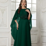 Dress for Women ||Graceful Off-Shoulder Round Neck Shawl Sleeve Handcrafted Floral Embellished Maxi Dress with Elegant