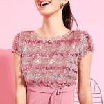 Women's Round Neck Short Sleeve Embellished Front Slit Fringed Regular Jumpsuit with Pockets