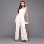 Women's Halter Neck Sleeveless Solid Wide Leg Sequin Paneled Regular Length Jumpsuit
