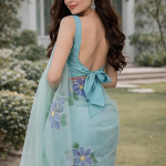 Women's Floral Designer Hand Brush Painted Zari Organza Saree with Unstitched Blouse Piece