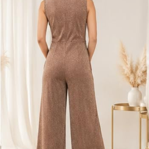 Women's Sparkly Sleeveless V-Neck Wide Leg Jumpsuit – Elegant Glitter Evening Party Outfit