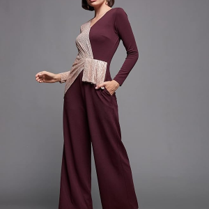 Women's V-Neck Full Sleeve Embellished Asymmetric Regular Length Polyester Jumpsuit with Pockets