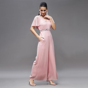 Women's Georgette V-Neck Cape Solid Layered Regular Jumpsuit
