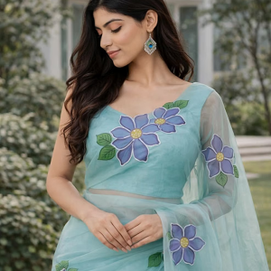 Women's Floral Designer Hand Brush Painted Zari Organza Saree with Unstitched Blouse Piece