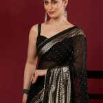 Women's Georgette Foil Printed Lace Work Saree with Unstitched Blouse Piece