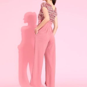 Women's Round Neck Short Sleeve Embellished Front Slit Fringed Regular Jumpsuit with Pockets